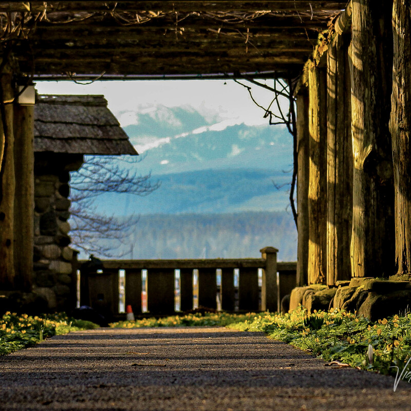 a beautiful wooden archway sidelit by the sun with the island mountains seen through the arch