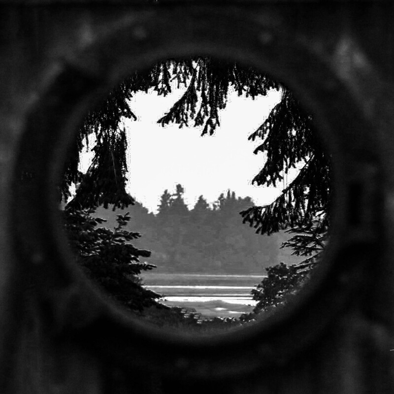view of a beach through a door porthole framed by cedar branches
